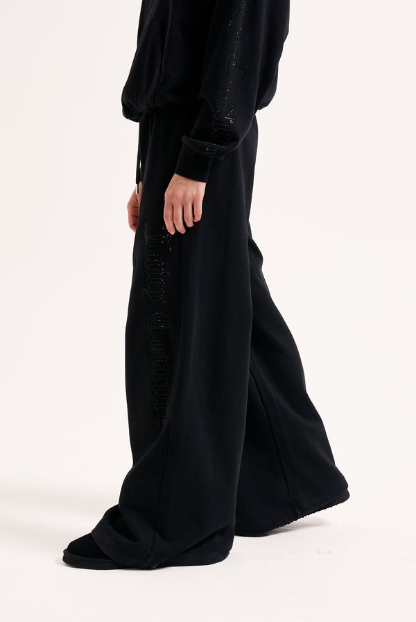 BLACK DIAMANTE FLEECE WIDE LEG TRACKPANT