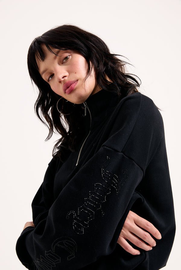 BLACK OVERSIZED QUARTER ZIP DIAMANTE SWEAT