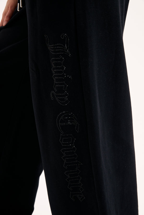 BLACK DIAMANTE FLEECE WIDE LEG TRACKPANT