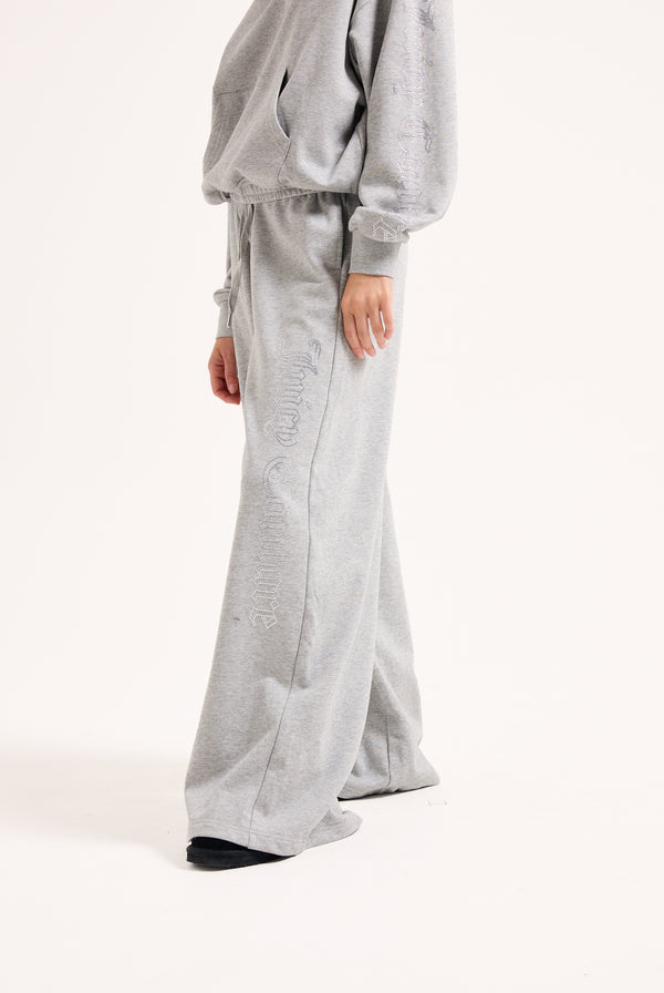 SILVER MARL DIAMANTE FLEECE WIDE LEG TRACKPANT