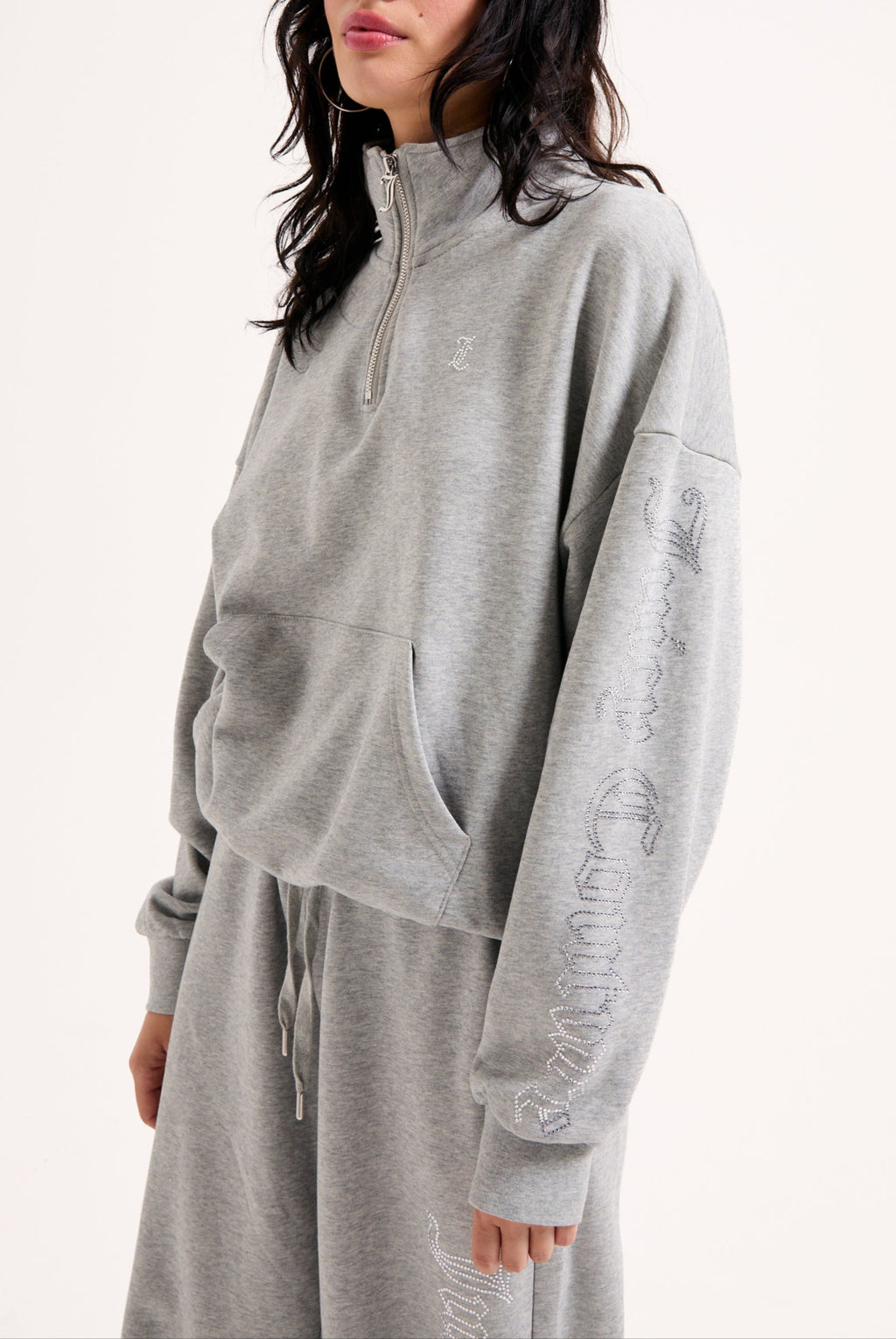 SILVER MARL OVERSIZED HALF ZIP DIAMANTE SWEAT