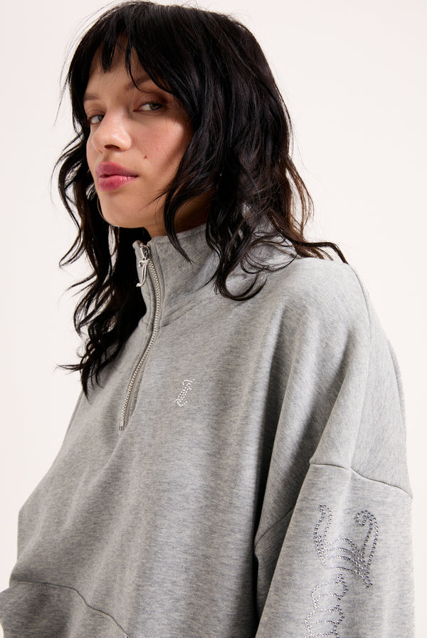 SILVER MARL OVERSIZED HALF ZIP DIAMANTE SWEAT