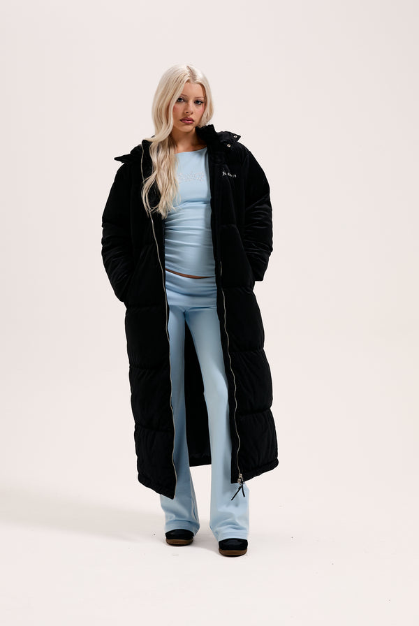 BLACK VELOUR LONGLINE PUFFA JACKET