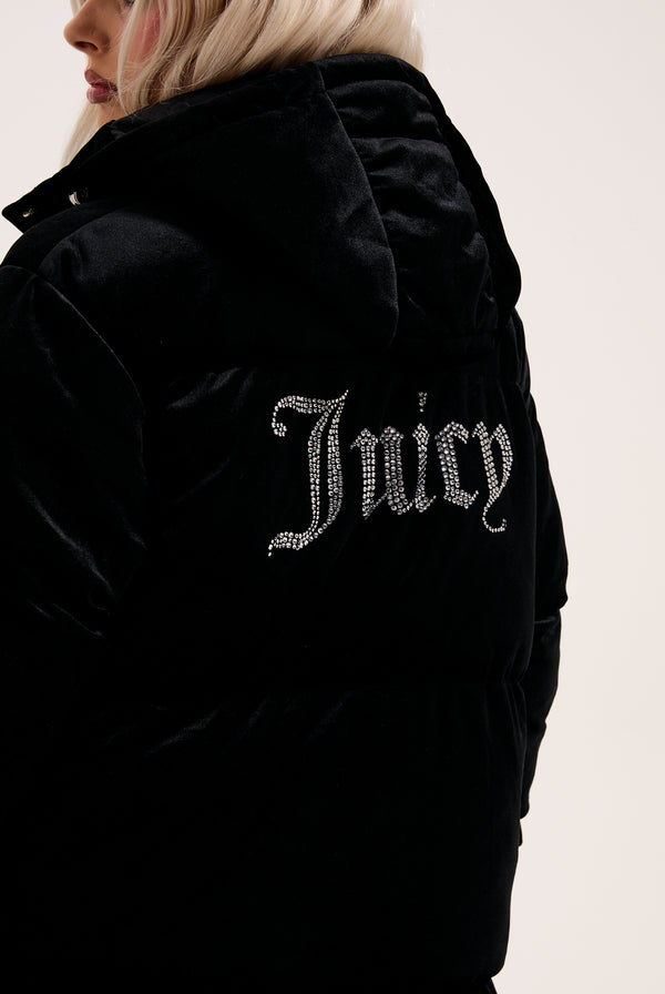 BLACK VELOUR LONGLINE PUFFA JACKET