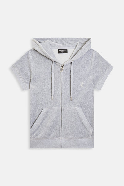 SILVER MARL COTTON VELOUR SHORT SLEEVE HOODIE