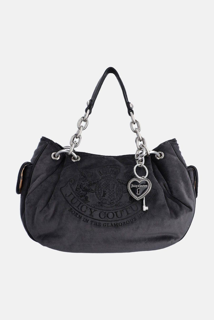 Displays the Grey 'Juicy' branded Chain Handle Daydreamer Crest Velour Bag