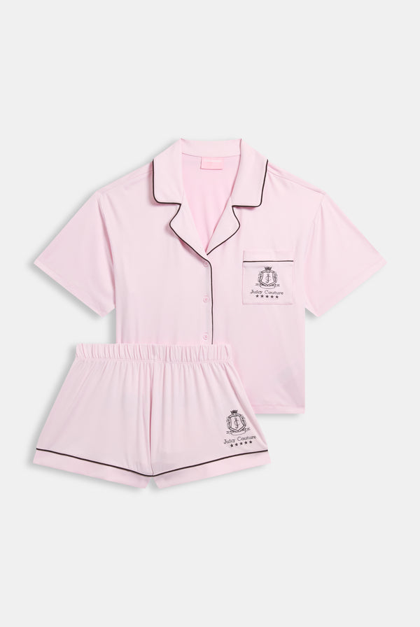 Displays the Cherry Blossom 'Juicy' branded chateau short sleeve pyjama set