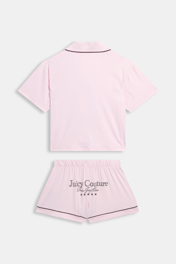 Displays the Cherry Blossom 'Juicy' branded chateau short sleeve pyjama set
