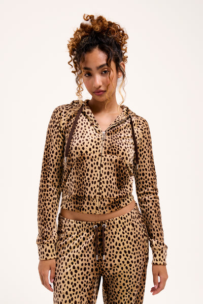 CARAMEL CHEETAH DIAMANTE VELOUR ZIP-THROUGH HOODIE