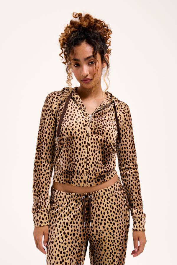 CARAMEL CHEETAH DIAMANTE VELOUR ZIP-THROUGH HOODIE