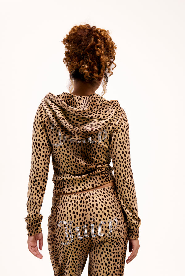 CARAMEL CHEETAH DIAMANTE VELOUR ZIP-THROUGH HOODIE