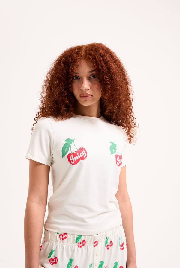 CHERRY PRINT PYJAMA SET WITH SCRUNCHIE