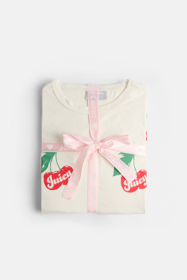 CHERRY PRINT PYJAMA SET WITH SCRUNCHIE