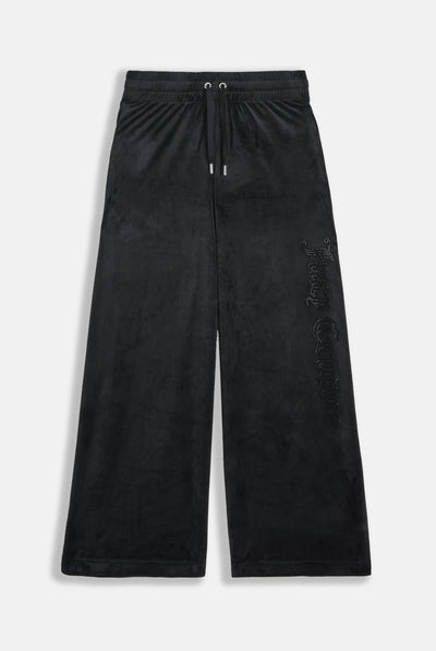 BLACK OUTLINE DIAMANTE WIDE LEG VELOUR TRACK PANT