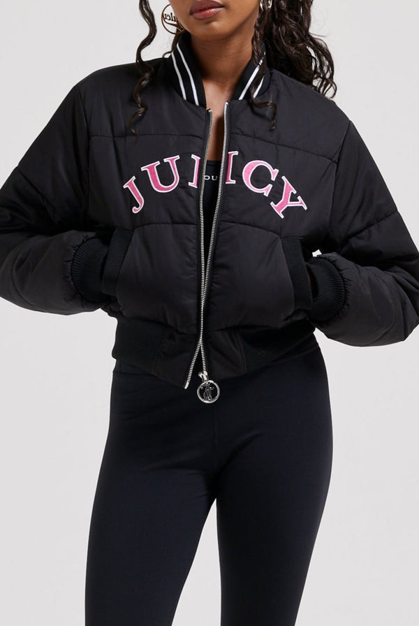 BLACK COLLEGIATE EMBROIDERED PUFFER JACKET