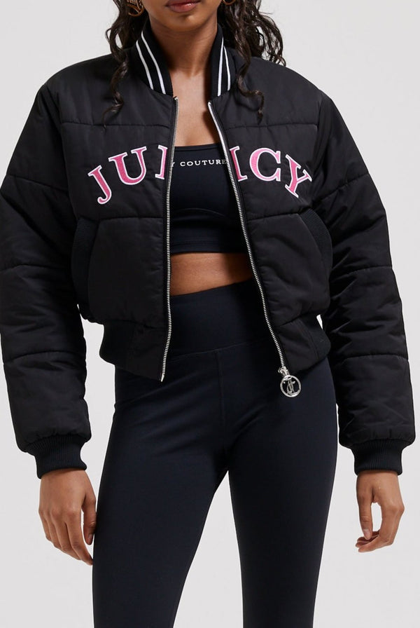 BLACK COLLEGIATE EMBROIDERED PUFFER JACKET