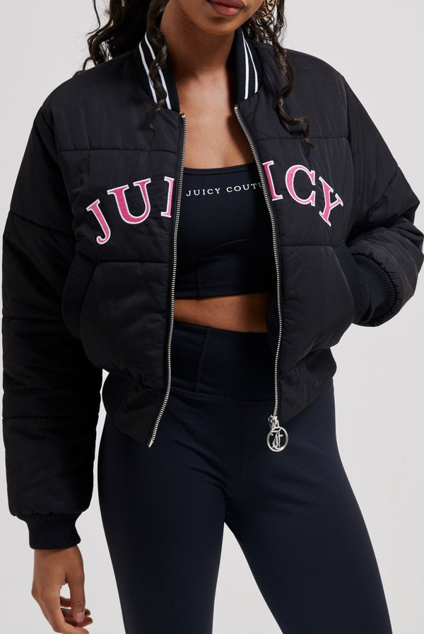 BLACK COLLEGIATE EMBROIDERED PUFFER JACKET