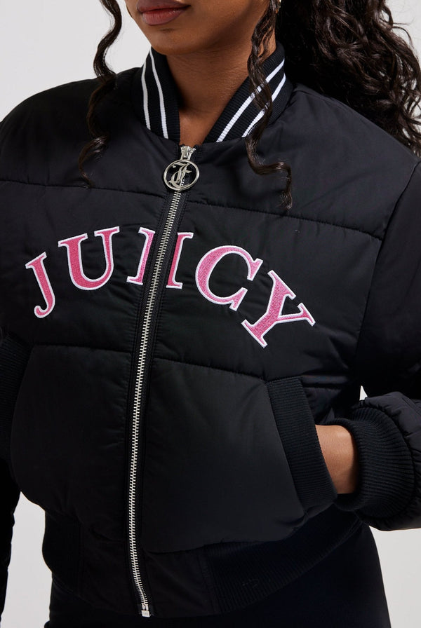 BLACK COLLEGIATE EMBROIDERED PUFFER JACKET