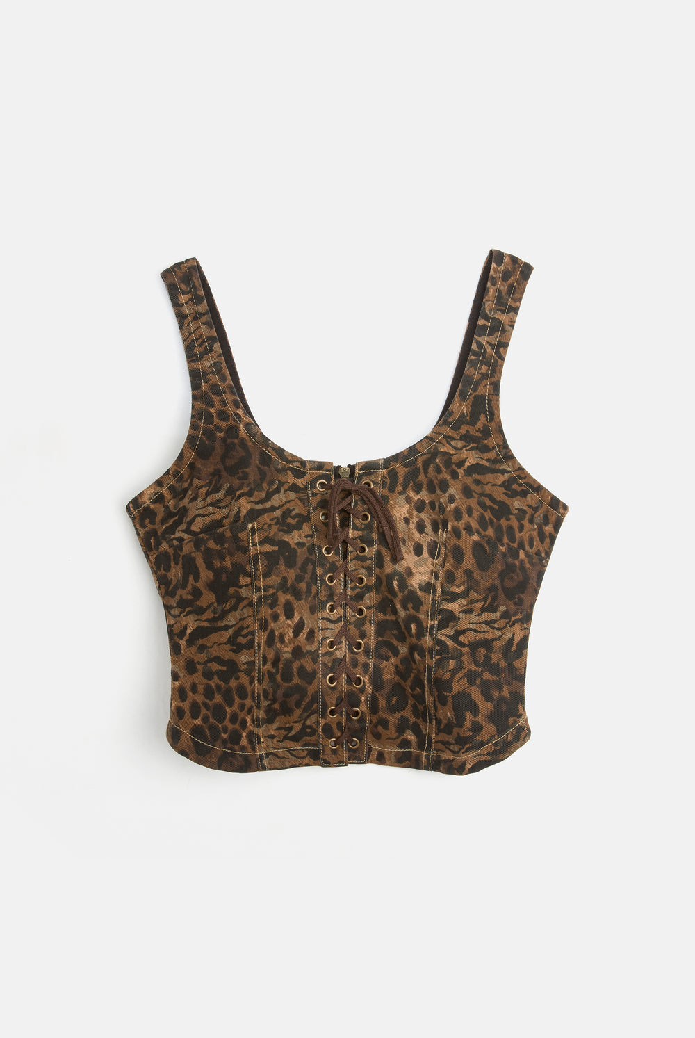 Displays a model wearing the Animal 'Juicy' branded denim lace up corset