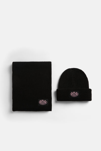 BLACK CREST SCARF / BEANIE SET