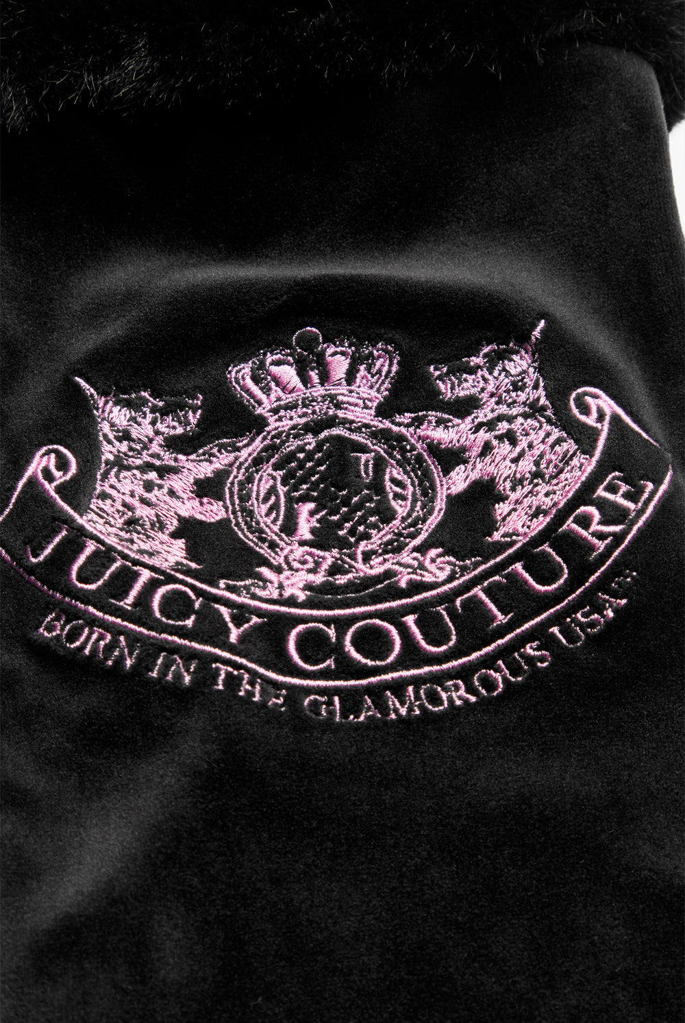 Displays the Black 'Juicy' branded Dog Crest Velour Stocking featuring the details on the branding 