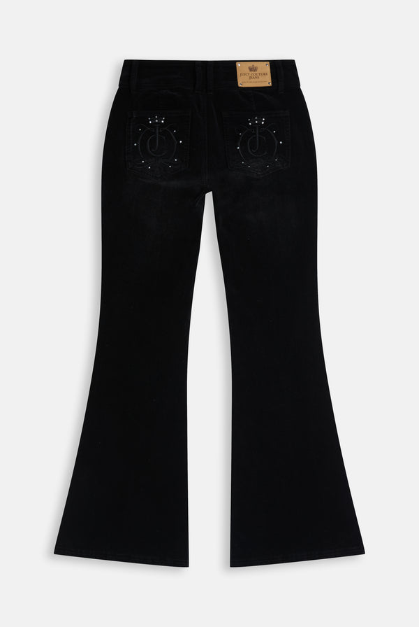 Washed Black Velour Denim Low Rise Flare Jeans