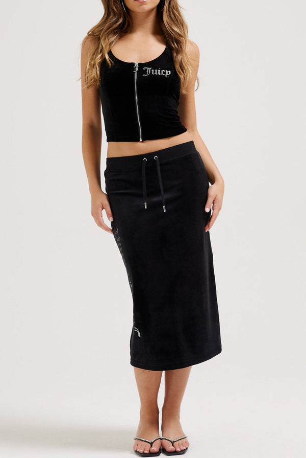 BLACK DIAMANTÉ CLASSIC VELOUR MIDI SKIRT