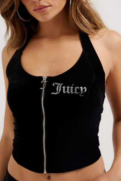 BLACK CLASSIC VELOUR ZIP UP HALTER NECK TOP