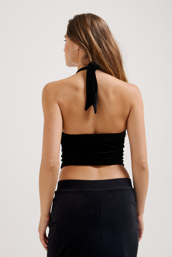 BLACK CLASSIC VELOUR ZIP UP HALTER NECK TOP