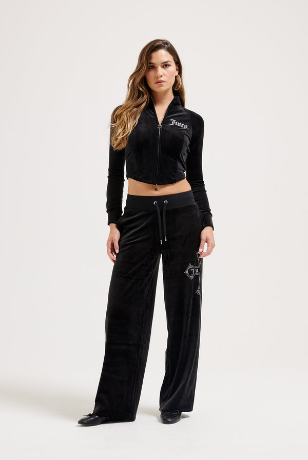 BLACK CLASSIC VELOUR DIAMANTÉ CROSS CORSET TRACK TOP