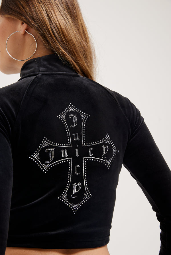 BLACK CLASSIC VELOUR DIAMANTÉ CROSS CORSET TRACK TOP