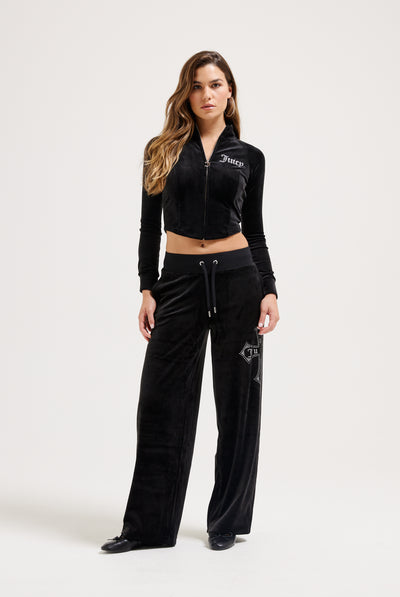 BLACK DIAMANTÉ CROSS CLASSIC VELOUR WIDE LEG TRACK PANT