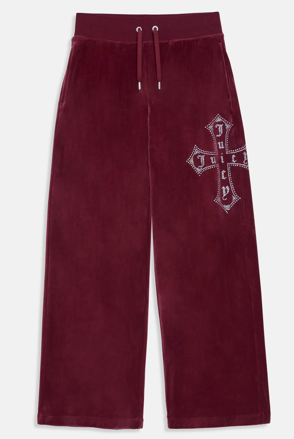 TAWNY PORT DIAMANTÉ CROSS CLASSIC VELOUR WIDE LEG TRACK PANT