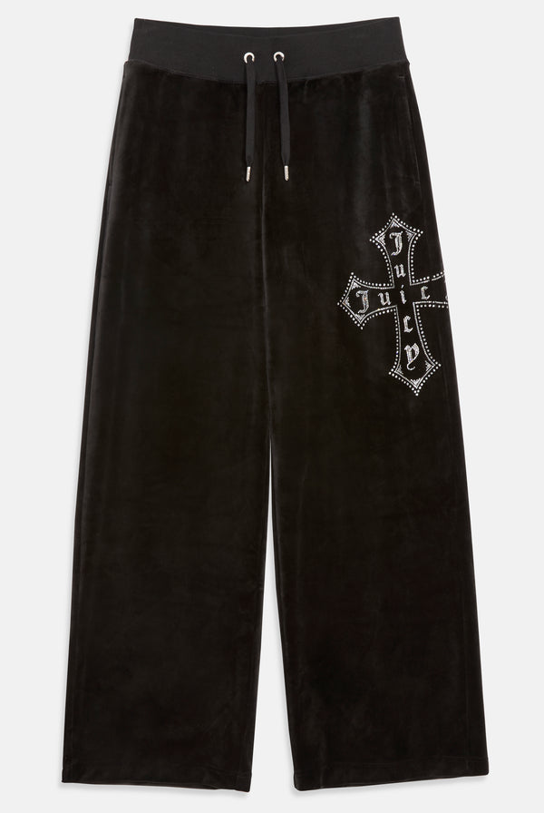 BLACK DIAMANTÉ CROSS CLASSIC VELOUR WIDE LEG TRACK PANT