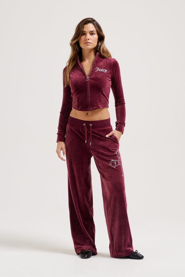 TAWNY PORT DIAMANTÉ CROSS CLASSIC VELOUR WIDE LEG TRACK PANT