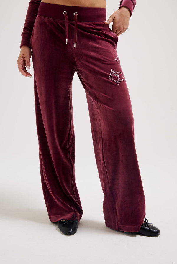 TAWNY PORT DIAMANTÉ CROSS CLASSIC VELOUR WIDE LEG TRACK PANT