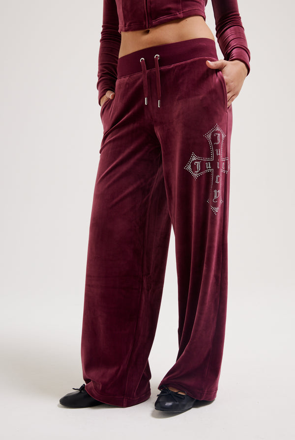 TAWNY PORT DIAMANTÉ CROSS CLASSIC VELOUR WIDE LEG TRACK PANT