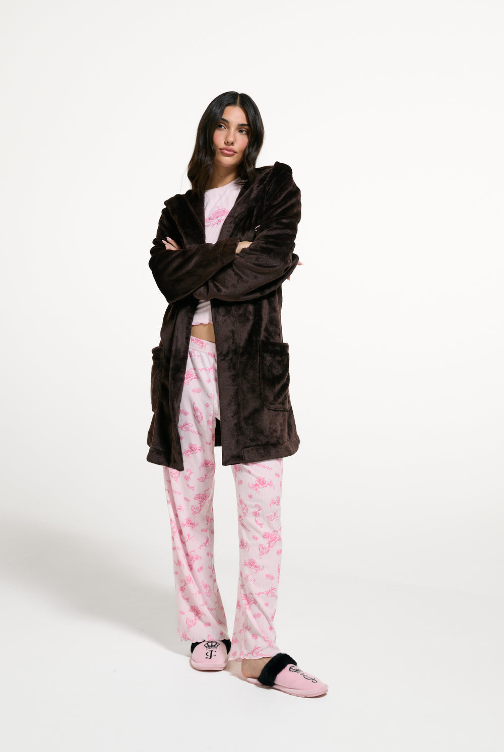 Displays a model wearing the Java 'Juicy' branded crown plush hooded robe 