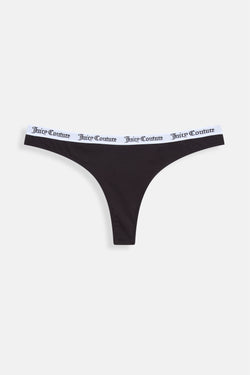 Displays the black 'Juicy' branded Cotton Branded Waistband Thongs included in the Multi Pack 