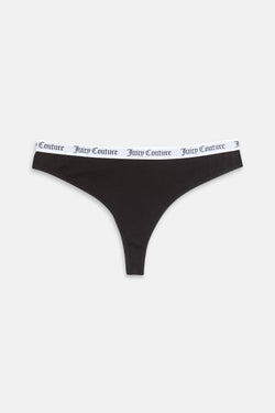 Displays the black 'Juicy' branded Cotton Branded Waistband Thongs included in the Multi Pack 