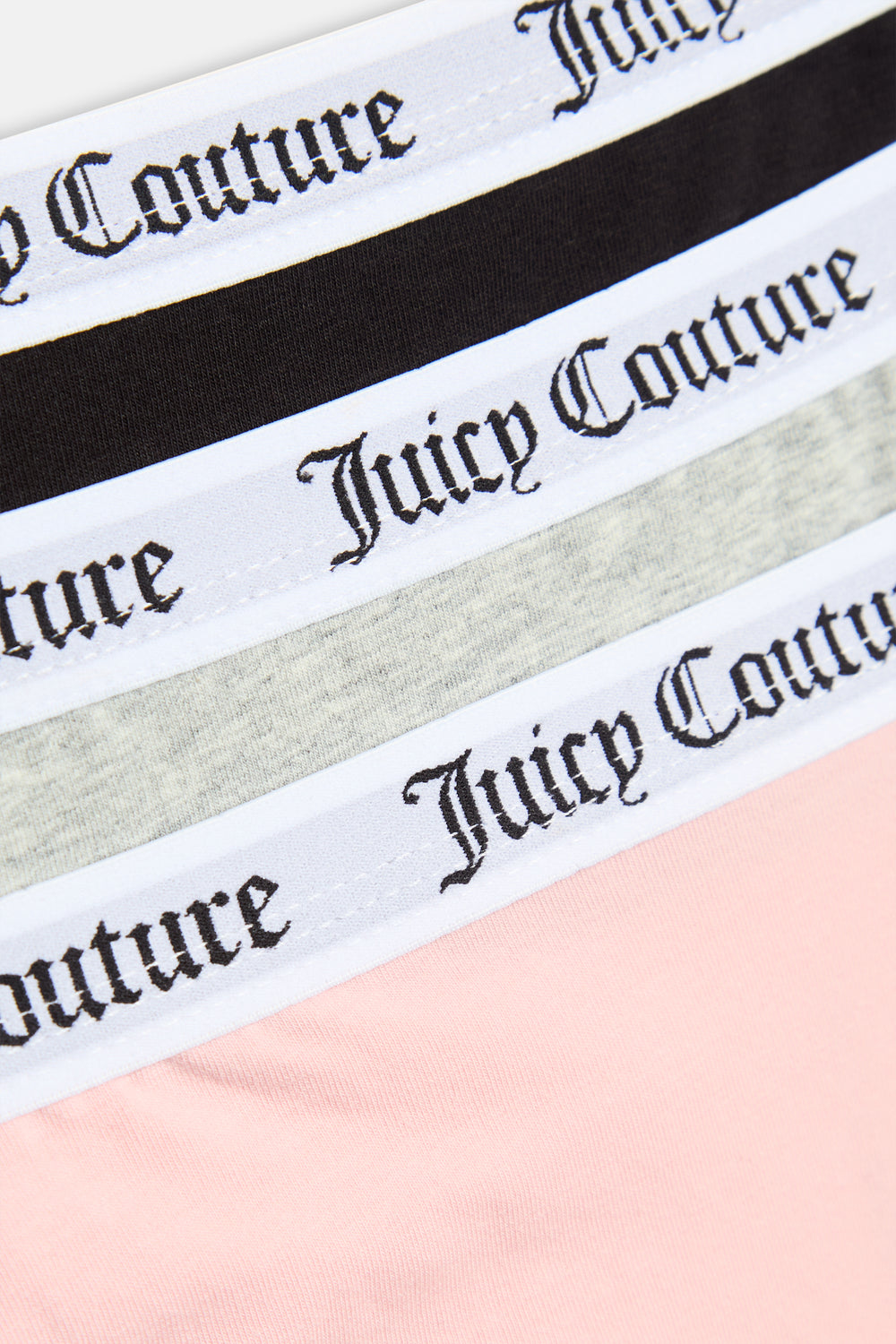 Displays all 3 of the grey, pink & black 'Juicy' branded Cotton Branded Waistband Thongs included in the Multi Pack featuring the details on the juicy branding 