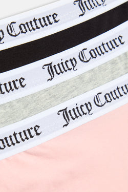 Displays all 3 of the grey, pink & black 'Juicy' branded Cotton Branded Waistband Thongs included in the Multi Pack featuring the details on the juicy branding 