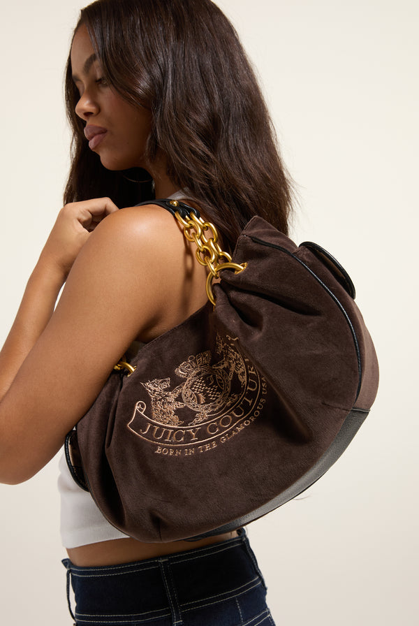 Chocolate Brown Chain Handle Daydreamer Crest Velour Bag