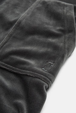 Displays the Raven / Gunmetal 'Juicy' branded Classic Velour Del Ray Pocketed Bottoms featuring the details on the juicy branding 