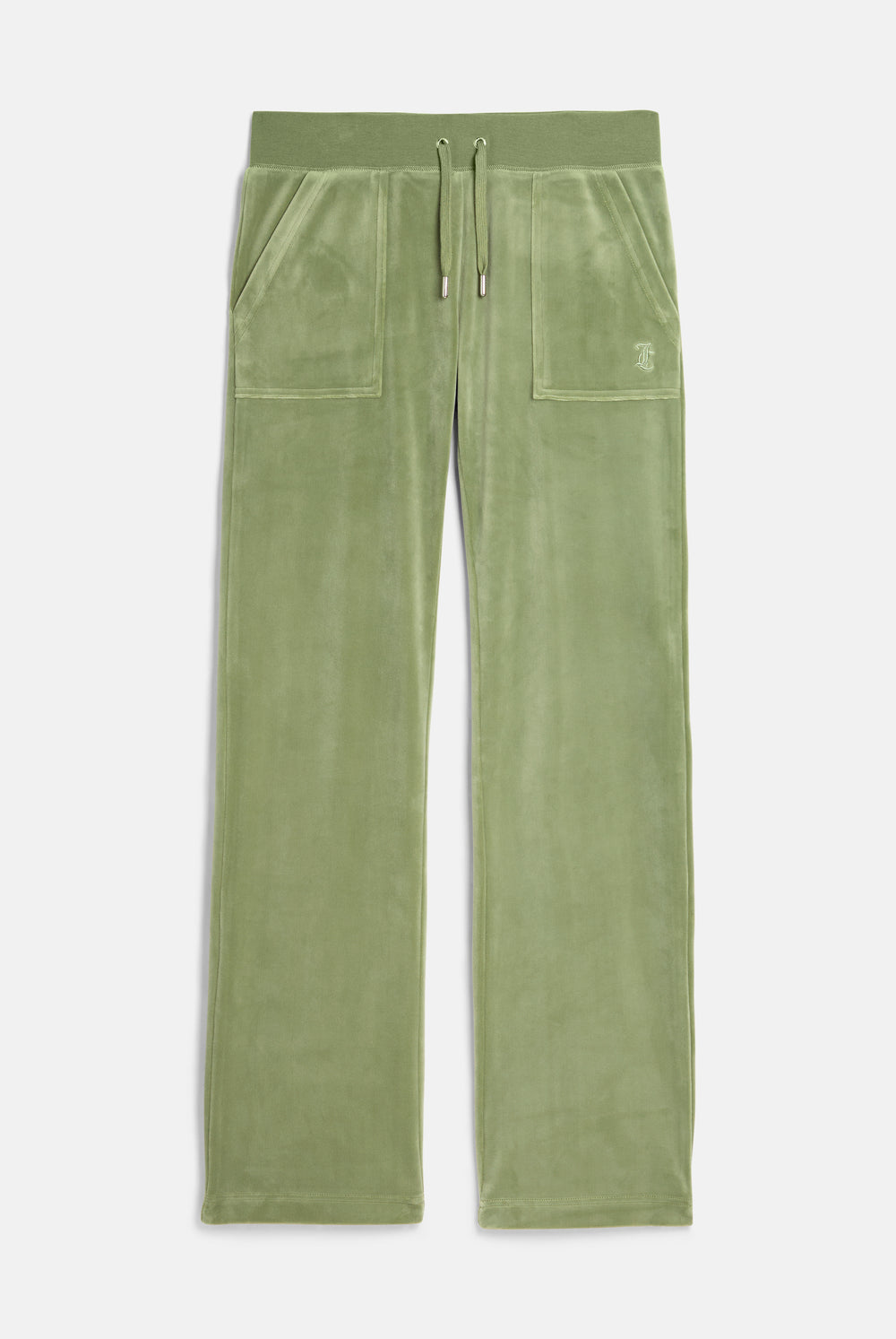 Displays the Oil Green 'Juicy' branded Classic Velour Del Ray Pocketed Bottoms