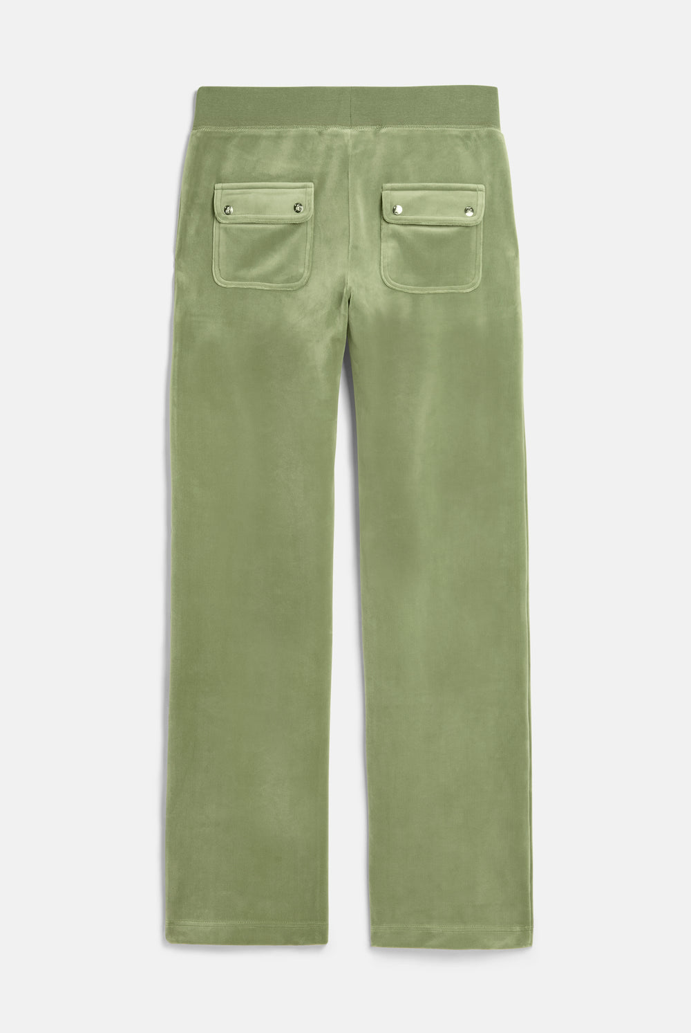 Displays the Oil Green 'Juicy' branded Classic Velour Del Ray Pocketed Bottoms