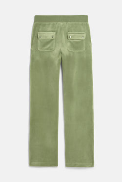 Displays the Oil Green 'Juicy' branded Classic Velour Del Ray Pocketed Bottoms