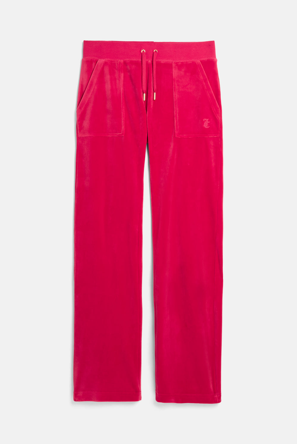 Displays the Persian Red / Gold 'Juicy' branded Classic Velour Del Ray Pocketed Bottoms
