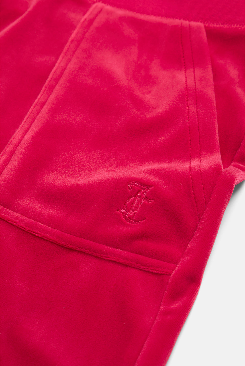 Displays the Persian Red / Gold 'Juicy' branded Classic Velour Del Ray Pocketed Bottoms featuring the juicy Couture branding 