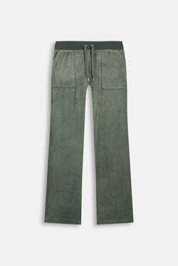 Displays the Thyme 'Juicy' branded classic velour del ray pocketed bottoms 